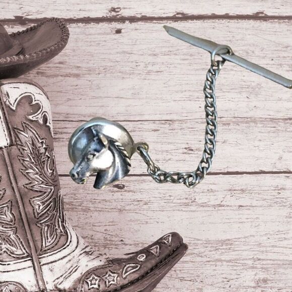 Sterling Silver Horse Head Tie Tack Chain, Western Style - 1/2" x 1/2 - Picture 1 of 2